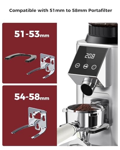 Tuni G1 Conical Burr Coffee Grinder, 48 Grind Settings Anti-static Burr Mill, Precision Electronic Timer and LED Touchscreen for Espresso/Drip/Cold Brew/French Press, Stainless Steel, Silver 8