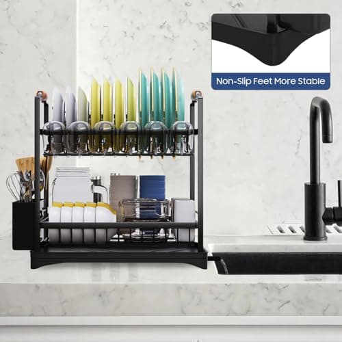 PXYHMUS 2-Tier Large Dish Drying Rack for Kitchen Counter with Drainboard and Cutlery Holder, 2 Tier Dish Drying Rack, Black,16.54" D x 11.81" W x 17.71" H 6