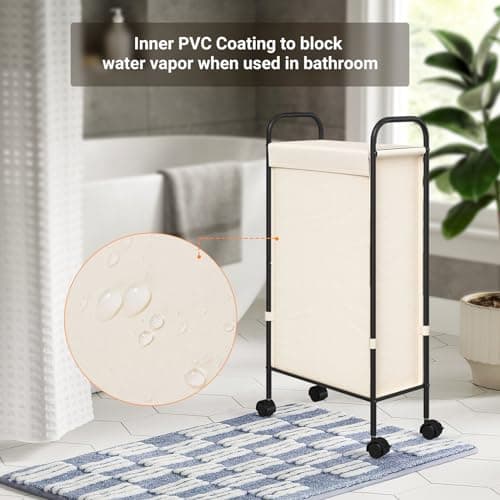 ELYKEN Slim Laundry Hamper with Lid, 50L Small Rolling Laundry Basket on Wheels, 7.9” Narrow Dirty Cloth Cart with Removable Inner Bag for Small Bathroom, Bedroom, Creamy 7