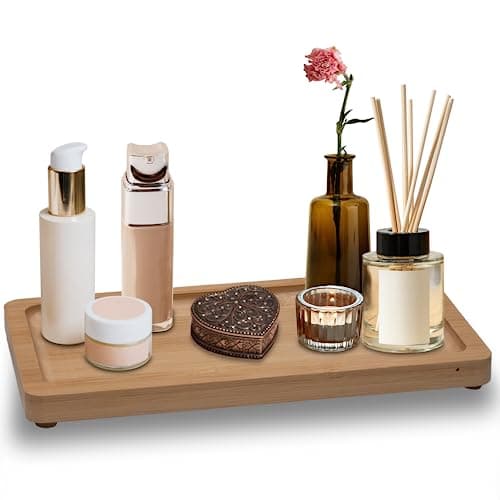 Small Bamboo Tray for Bathroom Countertop - Natural Wooden Bathroom Counter Tray Decor, Spa Skincare Make up Trays for Vanity or Dresser Tops, Neutral Home Decor Aesthetic, Soap Dish, 9 inch 8