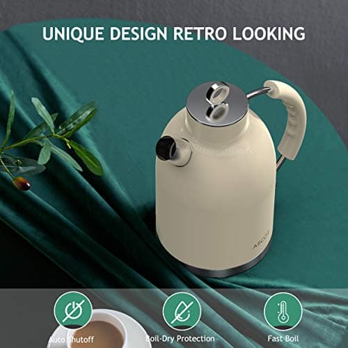 Electric Kettle ASCOT, Tea Kettle Hot Water Kettle Stainless Steel Kettle 1.6L 1500W Retro Tea Heater & Boiling Water, Auto Shut-Off and Boil-Dry Protection(Cream) 8