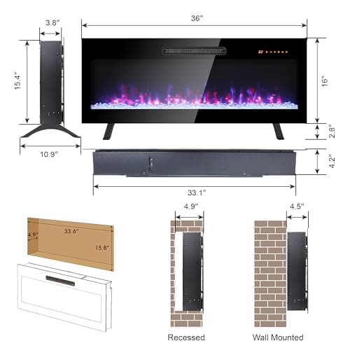 Innoflame 36" Electric Fireplace, Wall Fireplace Electric with Remote Control, 16 Adjustable Flame Colors, Freestanding/Wall Mounted/Recessed, 1400W Fireplace Insert Heater, Timer, Thermostat 8