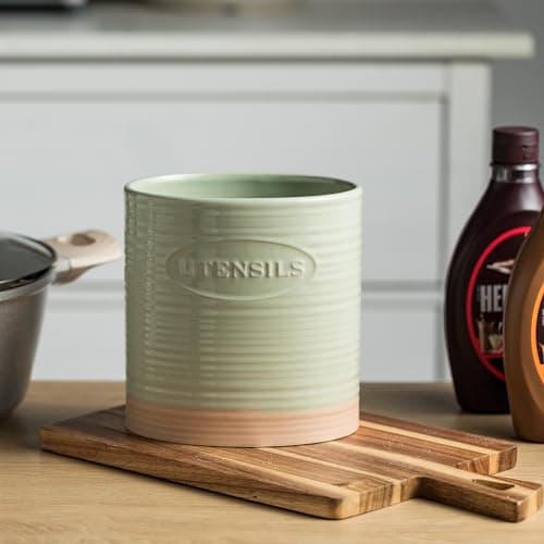 YHOSSEUN Kitchen Utensil Holder, Ceramic Utensil Holder for Kitchen Counter 6.7" Large Cooking Utensil Crock Farmhouse Utensil Organizer Storage, Oval Opening, Green 9