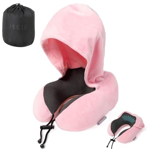 JSELF Travel Pillow with Hood, Neck Pillow for Airplane, Hooded Neck Pillow for Travel, Long Flight, Car, Plane, Office, Sleeping, 100% Pure Memory Foam Head Chin Support Airplane Pillow - Pink