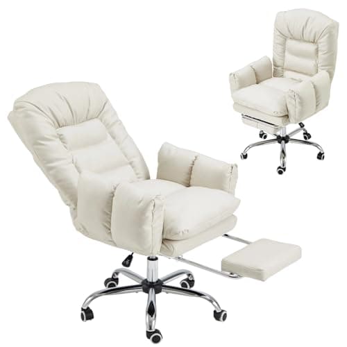 EROMMY Ergonomic Reclining Office Chair with Footrest, Comfy Desk Chair with Foot Rest, Swivel, Height Adjustable with Armrests and Footrest, High Back 90-180° Tiltable, Beige