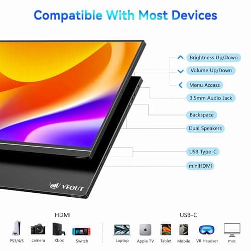 Veout 2.5K Portable Gaming Monitor with 144hz in 4 Colors - V1 Pro, 16inch 2560*1600 IPS Travel External Screen with FreeSync, Dual USB-C & Mini HDMI Second Display for Laptop/MacBook/PS5/Xbox/Switch 4