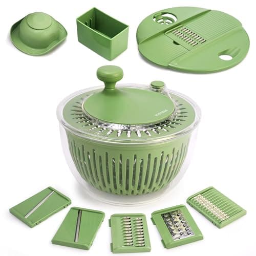 SUSTEAS Salad Spinner Large, Vegetables Wash Bowl, Fruits & Herb Lettuce Dryer with 5 Blade Slicer Egg Yolk Strainer Shredder for Efficient Salad Preparation and Food Washing, 4.25Qt