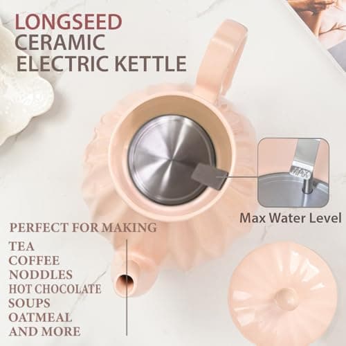LONGSEED Ceramic Electric Kettle, 1.5L/1200W Boil Water Quickly and Easily with Boil-Dry Protection Auto Shut Off, Detachable Swivel Base, Diamond Cut Glazed 7