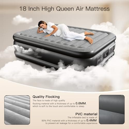 Lavisx Queen Air Mattress with Built in Pump 18 Inch High Air Mattress Queen Knob Start Fast 3 Minutes Inflate/Deflate for All Indoor and Outdoor Locations Gray & Black 6