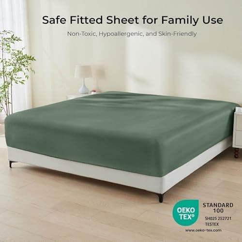 GOKOTTA Fitted Sheet Only - 16 Inch Pocket Bamboo Rayon Fitted Sheet, Super Soft and Cooling Bottom Sheet with 4 Elastic Corner Straps(Green, King Size) 5
