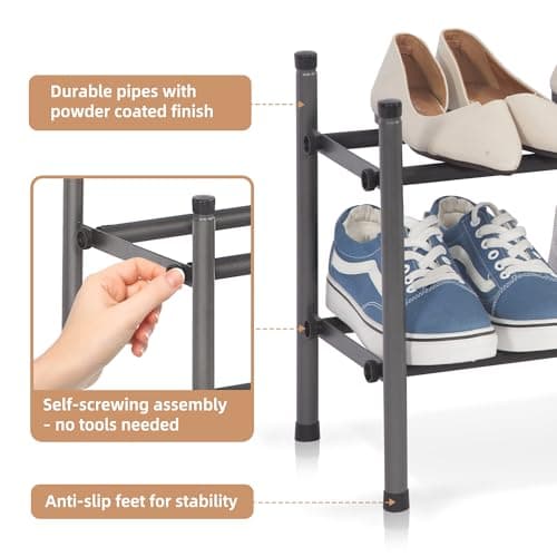 STORAGE MANIAC Expandable Shoe Rack, 8 Pairs Stackable Small Shoe Rack, Metal Adjustable Shoes Organizer for Closet, Entryway, Hallway, Garage, Front Door, Shoes Shelves, Black 2 Tier 5