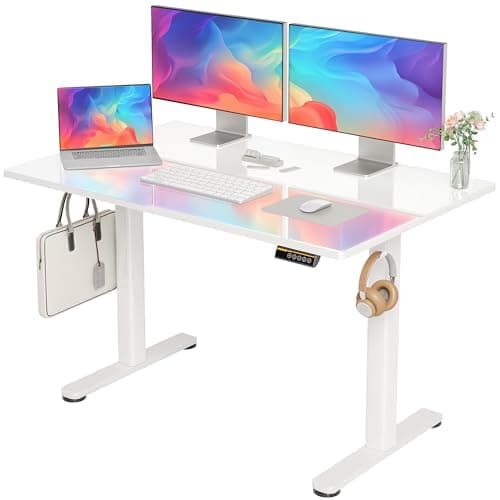INNOVAR Glass Standing Desk, 48x24 Inch White Standing Desk Adjustable Height Electric Stand Up Quick Install for Computer Desks, Super White