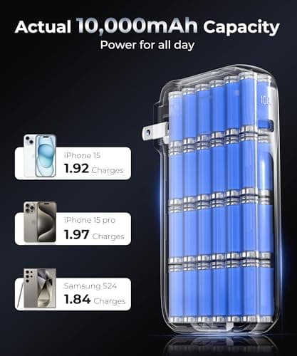 JOYFAR Portable Charger with Built-in USB-C Cable & Plug, 10,000mAh 5V/4.5A Power Bank Fast Charging 22.5W, Travel Essential Battery Pack 3 Output for iPhone 16/15 Series, Samsung Galaxy, iPad, 1 Pack 4