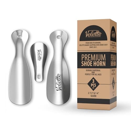 Velette 3-Pack Metal Shoehorn - 2 Set 7.5" Long Shoe Horn,1 Set 4" Travel Shoe Horn for Kids, Men & Women - Shoes Helper, Spoon, Travel Size Shoehorn for Boots, Shoes, Sneakers, Heels and More