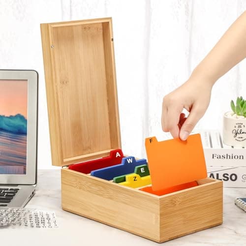 Henoyso 3 x 5 Inch Index Card Holder Set, Bamboo Organizer Box with 50 Dividers & 2 Sheets Alphabet Number Stickers File Note Holders, Holds 1200 Cards for Office Business Home Kitchen, Wooden Color 7