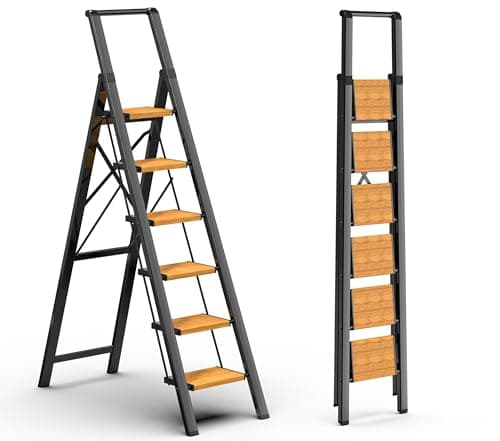 GameGem 6 Step Ladder for 12 Feet High Ceiling, Lightweight Aluminum Folding Step Stool with Convenient Handgrip, Stepladders with Anti-Slip and Wide Pedal for Home Use Space Saving - Black+Woodgrain
