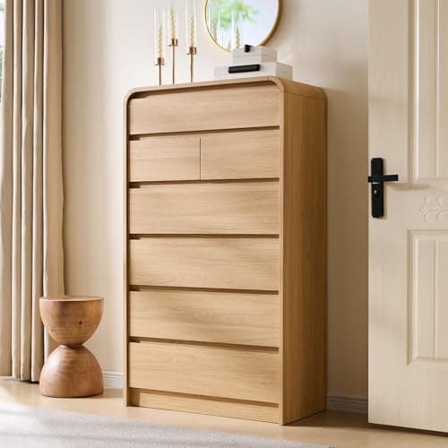 Aitjunz Modern 7 Drawers Dresser for Bedroom, 55" Tall Dressers & Chest of Drawers w/Curved Profile Design, Wood Mid Century Vertical Storage Dressers Organizer for Bedroom, Living Room, Natural Oak