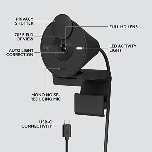 Logitech Brio 301 Full HD Webcam with Privacy Shutter, Noise Reduction Microphone, USB-C, Certified for Zoom, Microsoft Teams, Google Meet, Auto Light Correction - Black 6