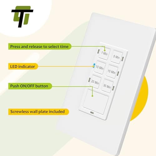 TG 30-Min Countdown Timer Switch for Bathroom Fans and Lights, Neutral Wire Required Wall Switch Timer, 1-5-10-15-20-30 Min, UL Listed, Screwless Wall Plate Included, TS-C30M, White 5