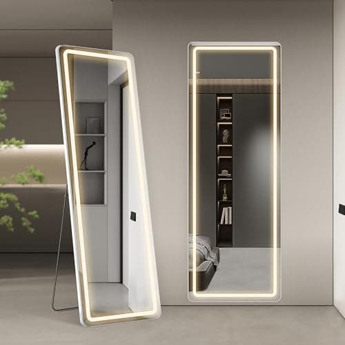 NEWBULIG LED Floor Mirror, 64' x 21' Full Length Mirror with Stand, Wall Mounted with Dimming & 3 Color Lighting, Full Body Mirror for Living Room & Bedroom, White 6