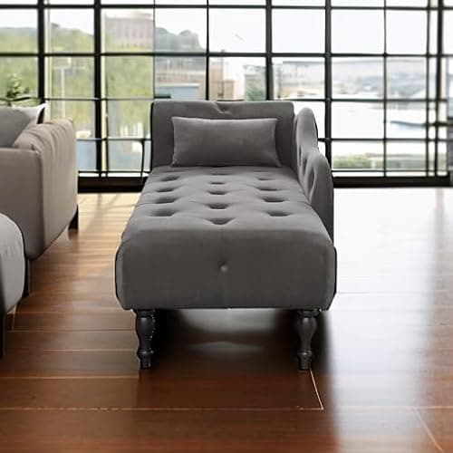 HomJoones Tufted Upholstered Velvet Rolled Arm Chaise Lounges Indoor Chair, Right Arm Facing Chaise Lounge with Nailhead Trim and 1 Pillow,for Living Room Bedroom Office (Grey) 5
