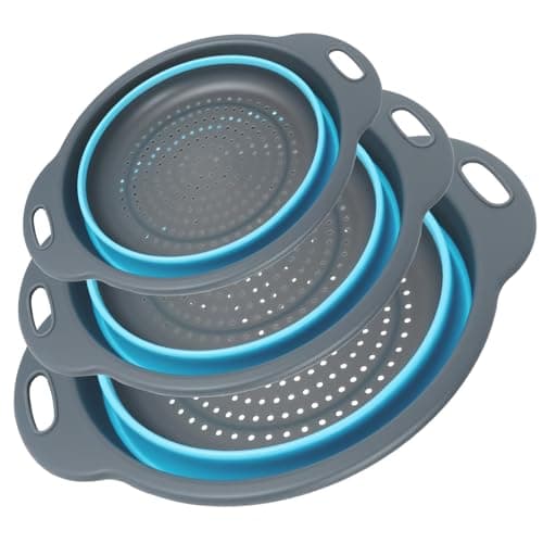 Cluren Collapsible Colander 3-Pack Set Space-Saving Foldable Kitchen Strainer with Non-Slip Base Durable Thickened PP+TPE Collapsible Strainers for Pasta, Vegetables, Fruits (Gray-Blue)