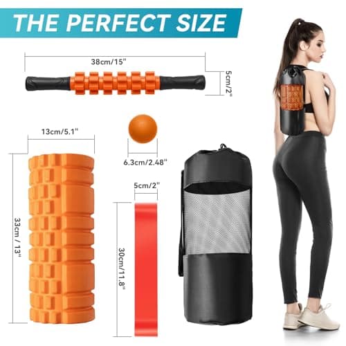 Krightlink 5 in 1 Foam Roller Set for Deep Tissue Muscle Massage, Trigger Point Fitness Exercise Foam Roller, Massage Roller, Massage Ball, Stretching Strap, for Whole Body (Orange Black) 7