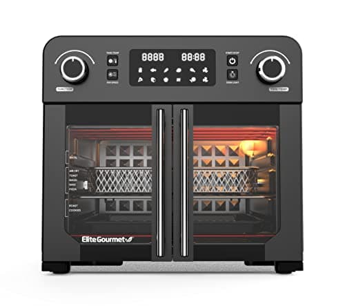 Elite Gourmet EAF9010B All Steel Exterior, 24.5Qt. French Door Air Fryer Convection Countertop Oven, 12" Pizza Extra Large Capacity, Temperature + Timer Controls, Bake, Toast, Broil, Air Fry, Black