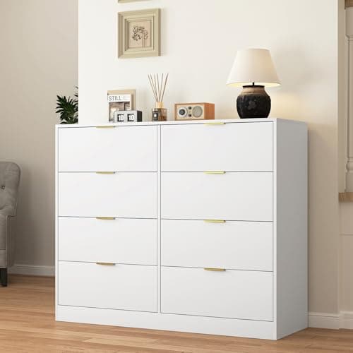 UZUGUL White 8 Drawer Dresser with Gold Handle for Bedroom,Modern Tall Deep Drawer Dresser, Chest of Drawer for Bedroom, Storage Organizer Furniture for Closet,Hallway