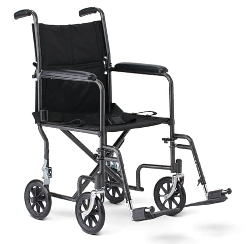 Medline Durable Folding Steel Transport Wheelchair with Swing-Away Footrests, 19-Inch Seat Width, Black Frame, Black Upholstery