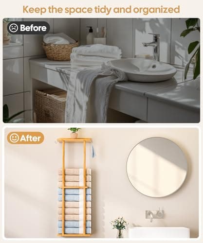 Cozivolife Bamboo Towel Rack for Bathroom with 2 Hooks, 32.7 inch with Shelf Wall Mounted Bathrobe Storage Organizer, Large Capacity Holder for Bathe- and Hand Towels (Natural) 7