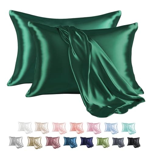 MR&HM Satin Pillowcase for Hair and Skin, Silk Satin Pillowcase 2 Pack, Queen Size Pillow Cases Set of 2, Silky Pillow Cover with Envelope Closure (20x30, Dark Green)