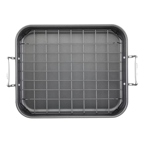 Rachael Ray Bakeware Nonstick Roaster/Roasting Pan with Reversible Rack, 16.5 Inch x 13.5 Inch, Gray 11