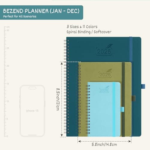 BEZEND 2026 Planner Weekly and Monthly (6" x 8.5" Spiral) Daily Calendar with Hourly Timeslots & Tabs (Jan-Dec) Note & Expenses, Pen Holder, Inner Pocket, Vegan Leather Softcover - Black 6