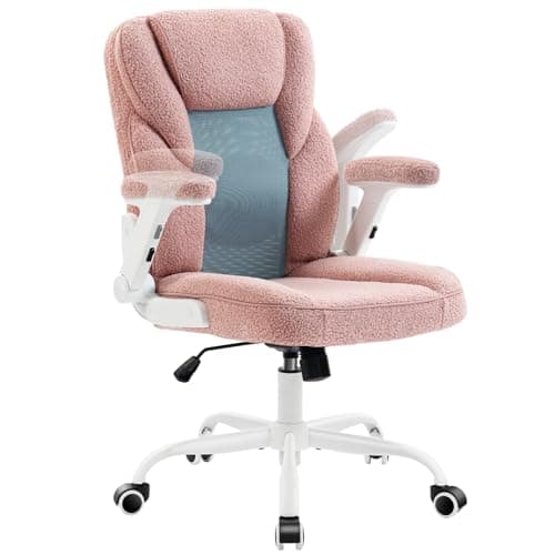 SEATZONE Pink Home Desk Office Chair with Arms and Wheels, Comfortable Executive Computer Chair, Breathable Mesh and Teddy Fleece Fabric Swivel Task Chairs for Women&Girls