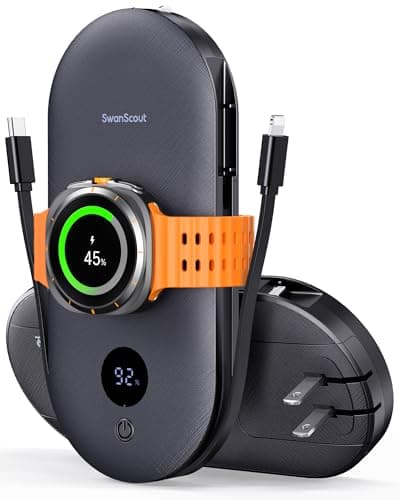 SwanScout Portable Charger for Samsung Watch 8 Classic/8/Ultra/7, 10000mAh Power Bank with Built-in Cables & Wall Plug, 302S Travel Battery Pack Compatible with iPhone, Samsung, and More