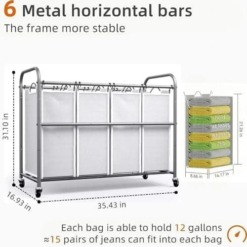 ROMOON Laundry Hamper Sorter Cart: 4-Section Organizer with Heavy-Duty Lockable Wheels and Removable Bags | 172L Rolling Laundry Basket for Dirty Clothes in Laundry Room or Small Spaces (Gray) 5