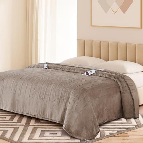 Yokimisu Electric Blanket King with Dual Control-100 x90 Soft Flannel Heating Blanket, 9 Heat Levels & 10 Hours Auto Off Heated Blanket, Fast Heating Electric Throw, Machine Washable- Tan