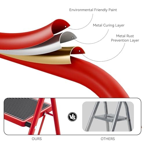 KINGRACK Step Ladder, Folding Ladder with Non-Slip and Wide Pedal, Small Ladders with Handle, Heavy Duty Steel Ladder, Lightweight Step Ladder (Red, 4 Step Ladder) 5