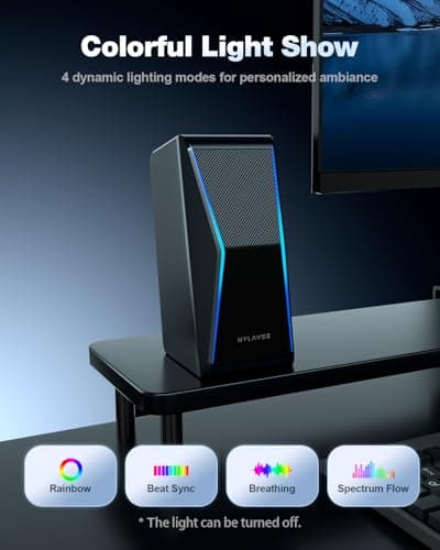 Nylavee Computer Speakers, Hi-Fi Stereo Sound PC Speakers with Bluetooth 5.0 and 3.5mm AUX-in, 14W AC Powered, Built-in Equalizer Modes and RGB Lights for Desktop PC, Monitor, Laptop, PS5, Xbox 6