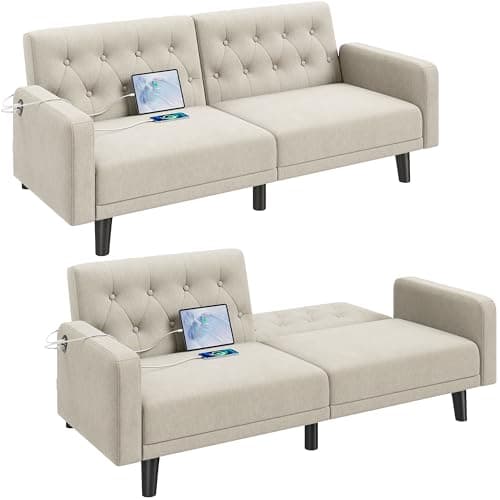 Yaheetech 63" Convertible Couch Small Futon Sofa Bed with 2 USB Ports, Reclining Backrest & Removable Armrests, Mid Century Modern Loveseat for Living Room, Apartment, Office, Beige