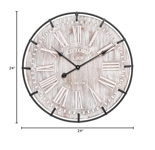EMAX HOME 24 Inch Large Farmhouse Wall Clock, Rustic Antique Wood with Metal Circle and Large Engraved Numerals, Silent Battery Operated Wall Clock for Office Kitchen Bedroom Living Room 10