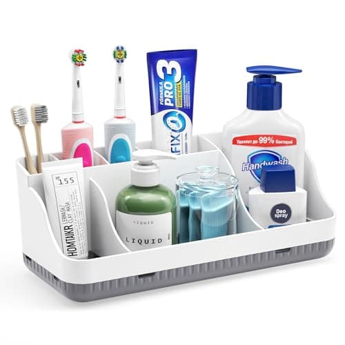 Bathroom Counter Organizer and Storage, 7 Slots Detachable Toothbrush Holders for Bathrooms, Anti-Slip Electric Toothbrush and Toothpaste Holder Countertop Vanity Organizer Accessories for Adults Kids