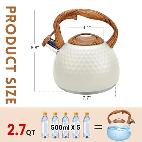 GGC Tea Kettle for Stove Top, Loud Whistling Kettle for Boiling Water Coffee or Milk, 3.1 Quart 3L Heavy Stainless Steel White Kettles with Wood Pattern Handle, Unique Button Control Kettle Outle 3