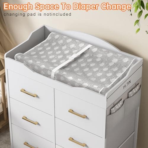White Changing Table Dresser with 6 Fabric Drawers and Side Pockets, Nursery Dresser with Changing Top, Baby Dresser with Drawers, Diaper Changing Station for Nursery and Bedroom 8