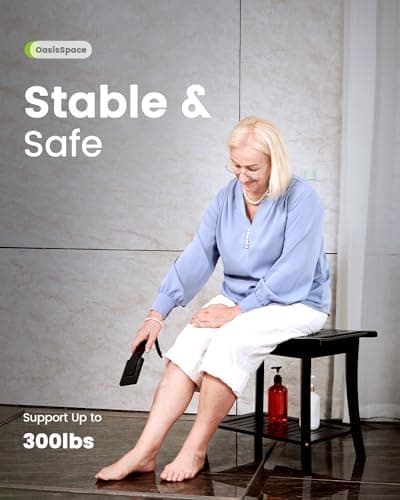 OasisSpace Bamboo Shower Bench with Storage Shelf, 24" Black Shower Stool for Inside Shower Waterproof, Spa Seat Bath Stool Organizer for Shaving Legs, Bathroom Shower Chair for Adults Elderly 7