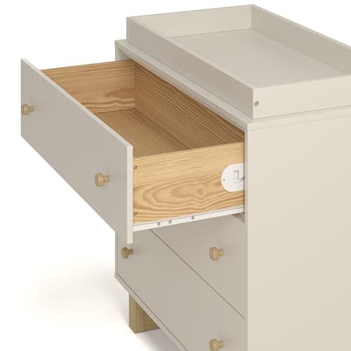 Storkcraft Texas 3 Drawer Chest with Removable Changing Table Topper (Frosted Oat/Driftwood) – GREENGUARD Gold Certified Baby Dresser, Interlocking Drawer System for Nursery & Kids’ Bedroom Dresser 11
