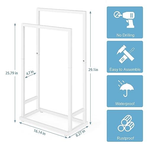Towel Rack, 2 Tier Stainless Steel Towel Racks Stand for Bathroom, Hand Towel Drying Rack Holder, Towel Bar Stand Blanket Rack, White 5