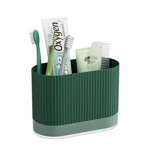 Green Kids Toothbrush Holders for Bathrooms, Cute Toddler Plastic Tooth Brush Holder with Drainage and Drip Tray, Large Family Size Toothpaste Stand Organizer Caddy, Green Bathroom Accessories Decor