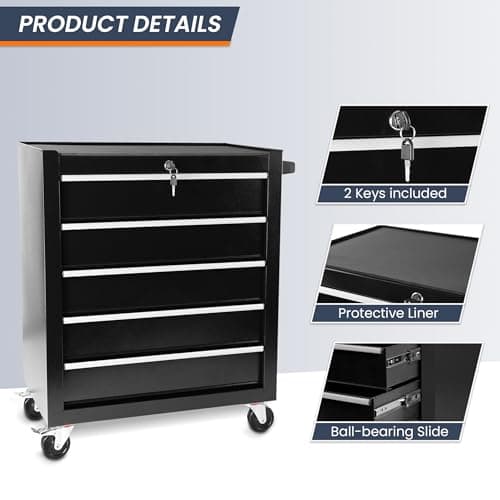 SumKea 5 Drawer Rolling Tool Chest, Rolling Tool Chest with Drawers, Rolling Tool Cabinet, with Key Locking and Parking Brake, Suitable for Garages, Warehouses, Workshops, Repair Shops, Black 5